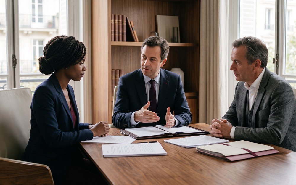Réunion de conseil entre une avocate et ses clients autour d'un bureau