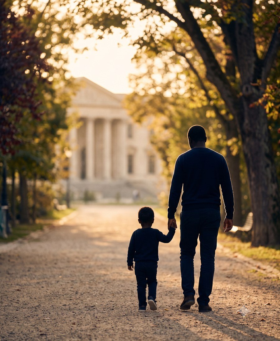 Père et enfant marchant vers un palais de justice, symbole de l'accompagnement en droit de la famille
