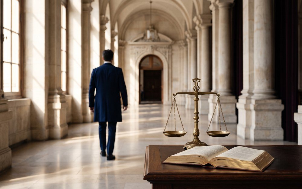 Balance de la justice et avocat dans un couloir de palais de justice