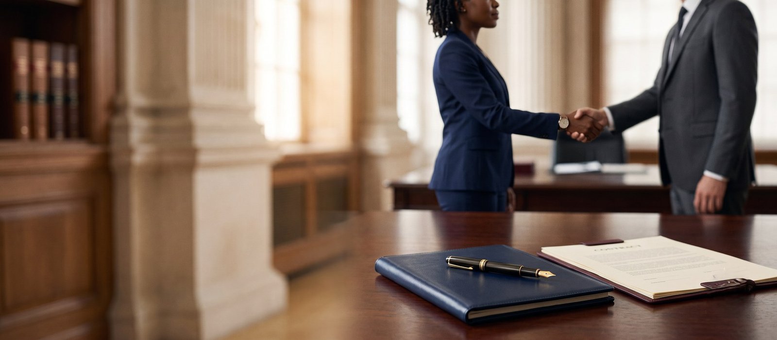 Réunion de conseil entre une avocate et ses clients dans un bureau feutré
